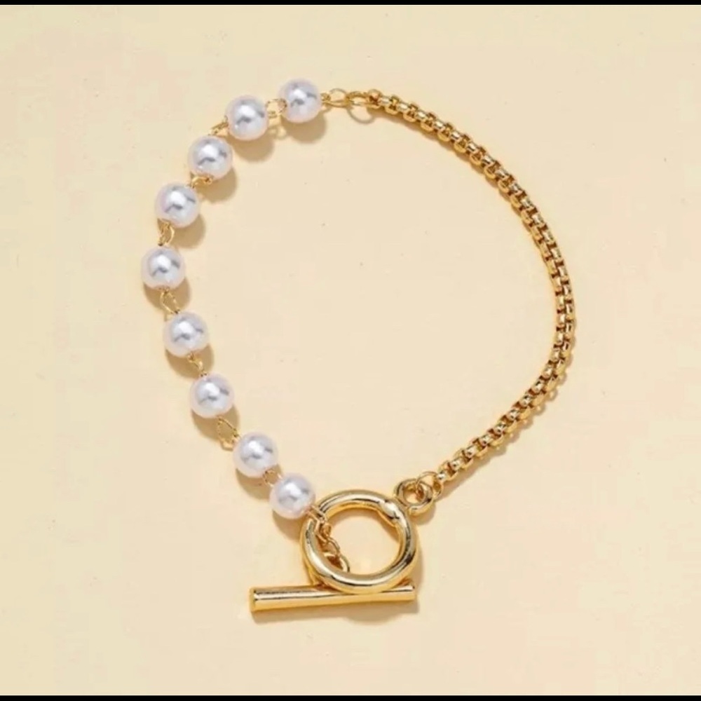 14K Gold Filled Round Simulated Pearl Beaded Bracelet size 7.5